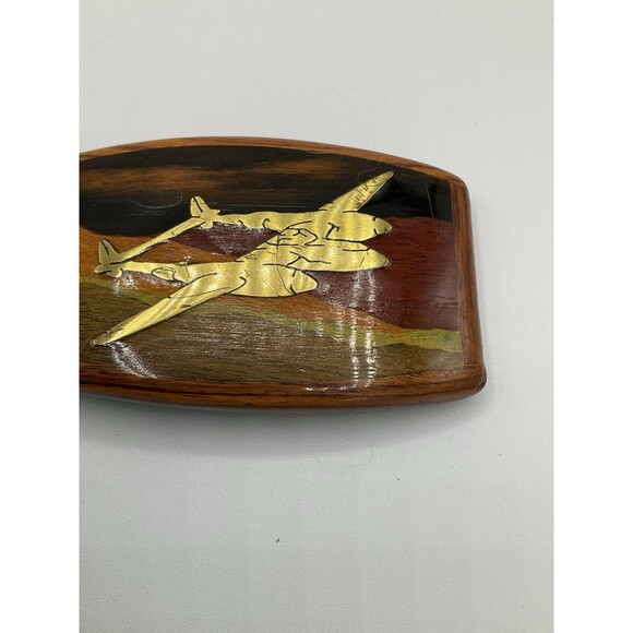 VTG Handmade Lockheed P-38 Lightning Wooden Belt Buckle 80s WWII Military Signed - Picture 5 of 5